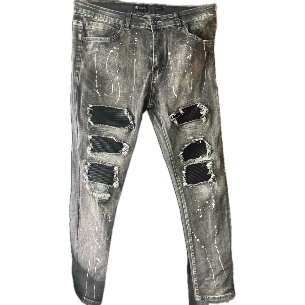 Waimea Mens Skinny Fit Distressed Moto Jeans Grey Paint Splatter Size 36